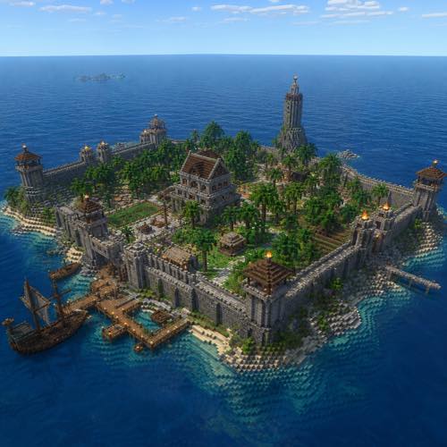 Minecraft house idea 29: Isolated Survival Island Compound in blocky voxel architectural style