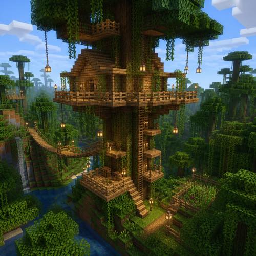 Minecraft house idea 3: Elevated Treehouse Starter in blocky voxel architectural style