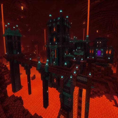 Minecraft house idea 30: Nether Fortress Outpost in blocky voxel architectural style