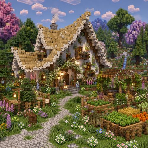 Minecraft house idea 7: Charming Cottagecore Farmhouse in blocky voxel architectural style