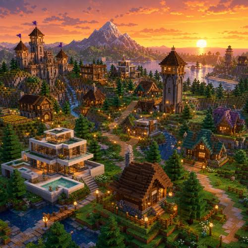 Vibrant blocky voxel village featuring diverse creative houses including modern glass villas, cabins, and towers at sunset