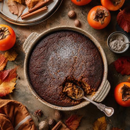 Overhead flat lay of baked persimmon pudding in a ceramic dish with ripe persimmons and autumn leaves