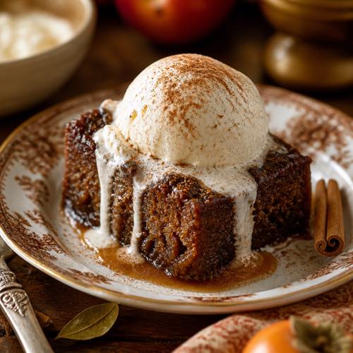 Warm slice of dark persimmon pudding on a plate topped with melting vanilla ice cream