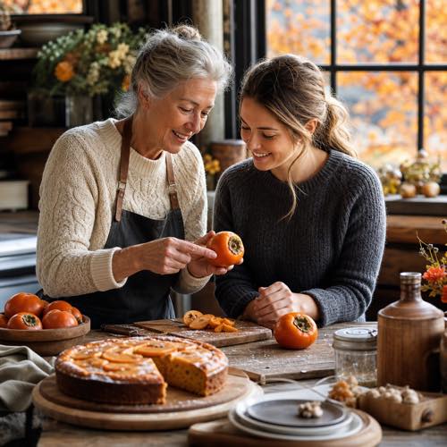Baker testing ripe soft persimmons in a cozy autumn country kitchen
