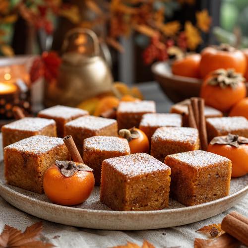 Holiday dessert table with a platter of persimmon pudding squares garnished with powdered sugar