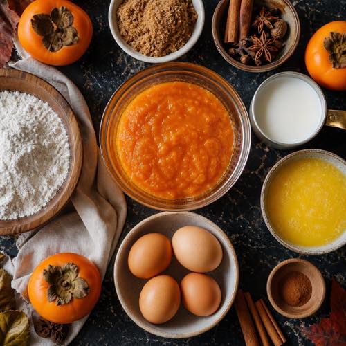 Baking ingredients for persimmon pudding including persimmon puree, spices, flour, and buttermilk