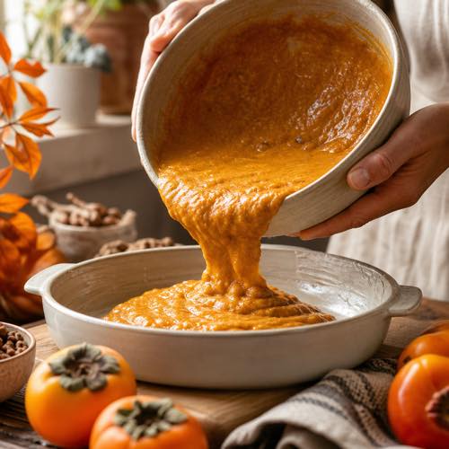 Pouring spiced persimmon pudding batter into a ceramic baking dish