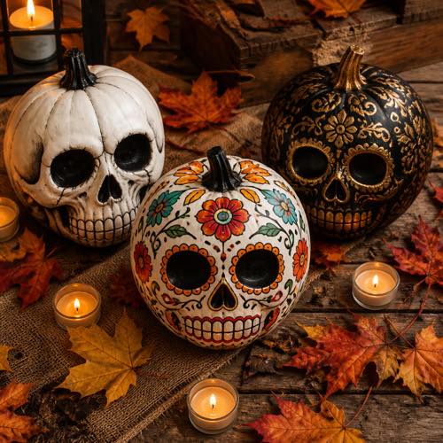 Overhead styled still life of three painted skull pumpkins on an autumn table with fall leaves