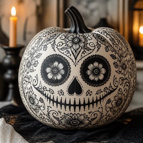 Skull pumpkin painting idea - Monochrome Black & White Calavera