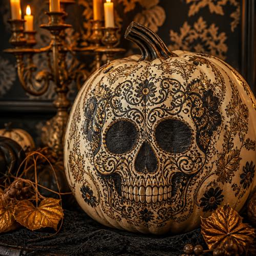 Skull pumpkin painting idea - Gilded Victorian Lace Skull