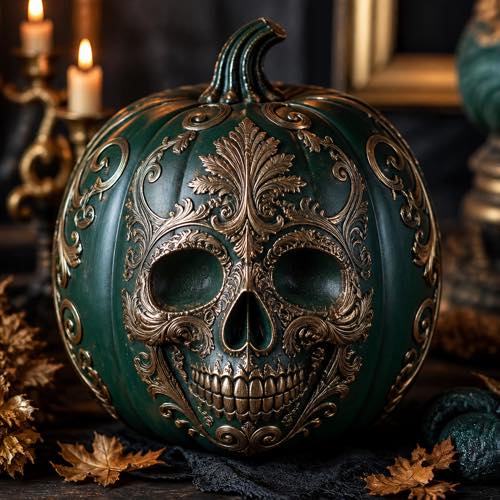 Skull pumpkin painting idea - Emerald & Bronze Baroque Skull