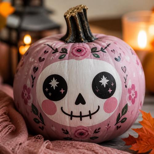 Skull pumpkin painting idea - Kawaii Pastel Pink Skull