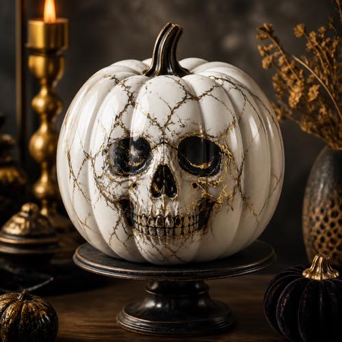 Skull pumpkin painting idea - Black & Gold Marbled Skull
