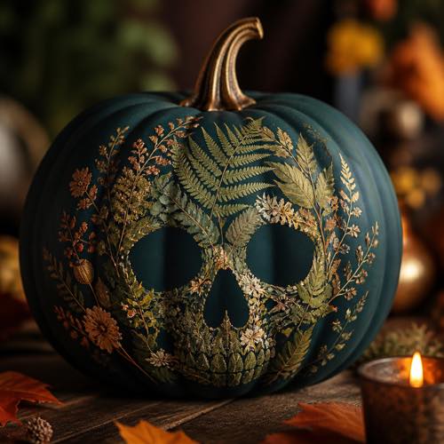 Skull pumpkin painting idea - Botanical Fern & Skull Silhouette