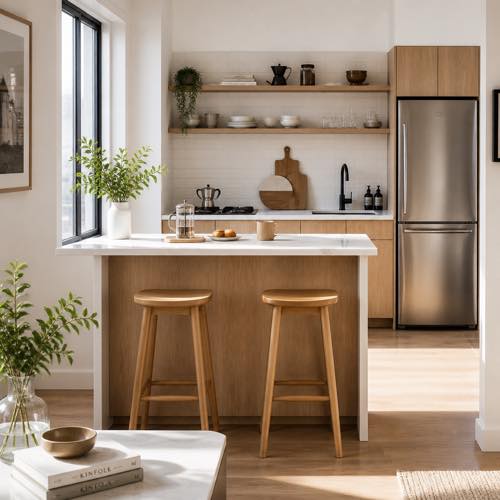 Wide interior shot of a bright compact modern apartment kitchen with a slim quartz island and stools