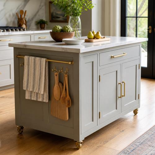 Small kitchen island idea - Island with Integrated Towel Bars & Hooks